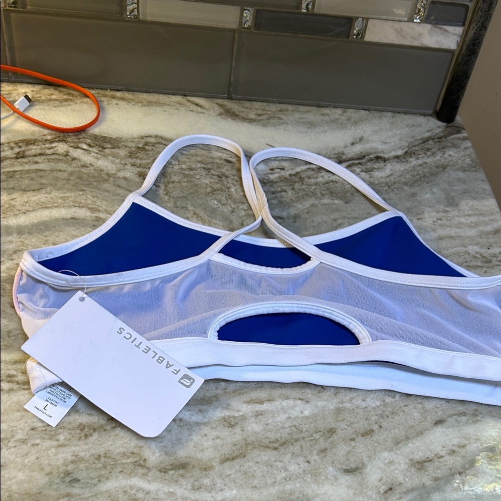 Fabletics  Low Impact Bra Blue/ White / Pink Reversible New Tags sports yoga run